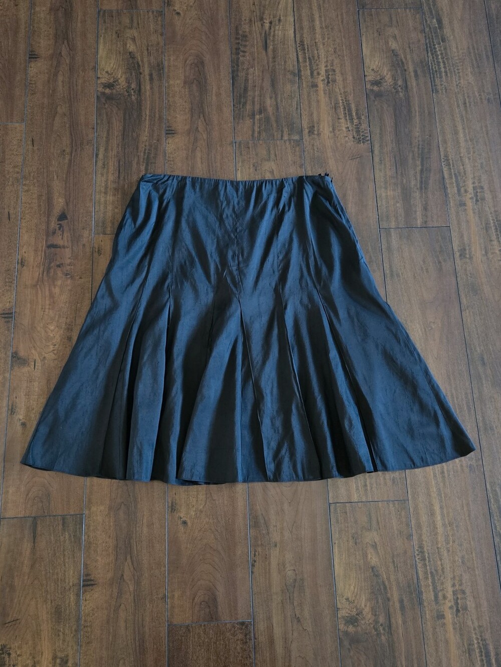 Eileen Fisher Black Knee Length Curved Panel Skirt Yarn Dyed Silk Dupioni Sz XL